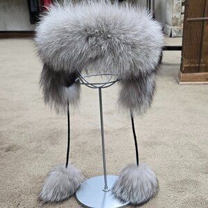 Indigo Fox Fur Headband with Ear Flaps and Tassels